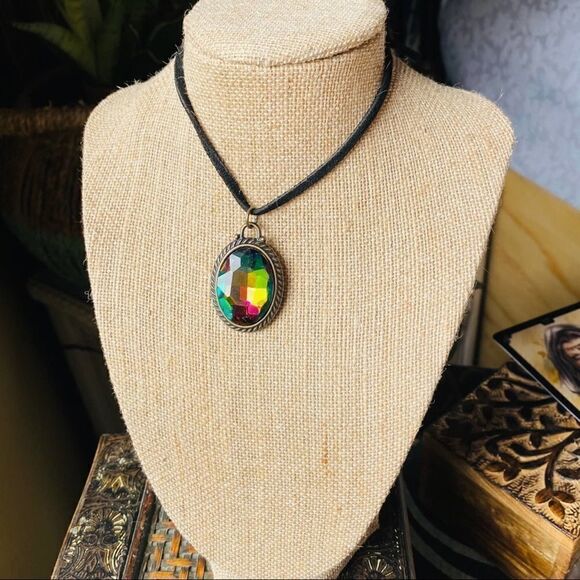 Rainbow Rhinestone antique Black Leather Choker - Picture 3 of 5